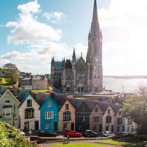 St Colman's Cathedral rising above the colourful houses of Cobh, County Cork