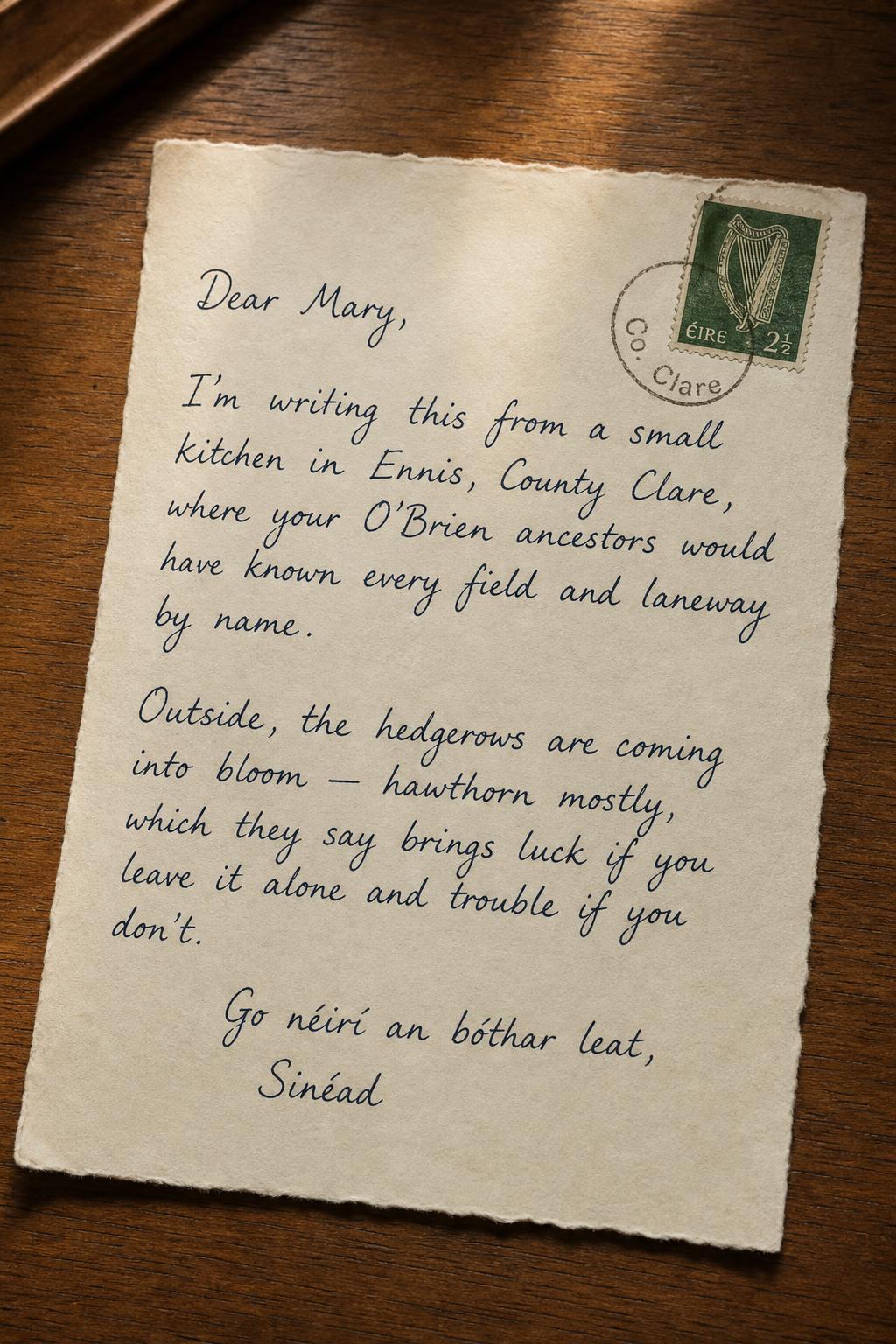 A handwritten letter from Kinsale, County Cork, Ireland with a green Irish postage stamp and Co. Cork postmark